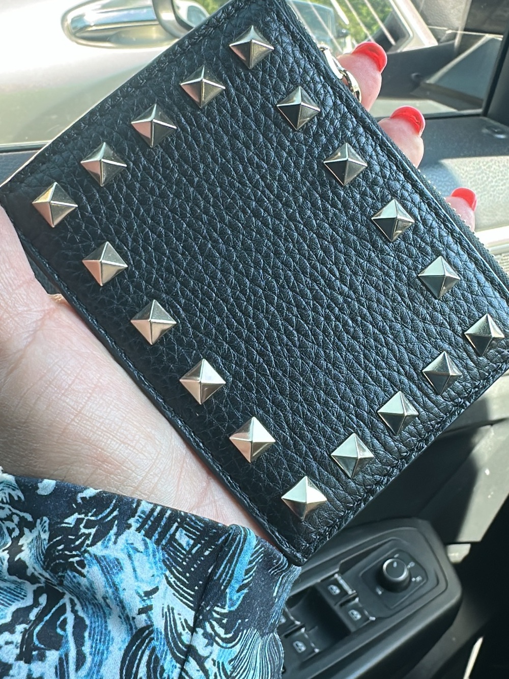 Valentino Garavani Black Leather Card Holder with Silver Pyramid Studs